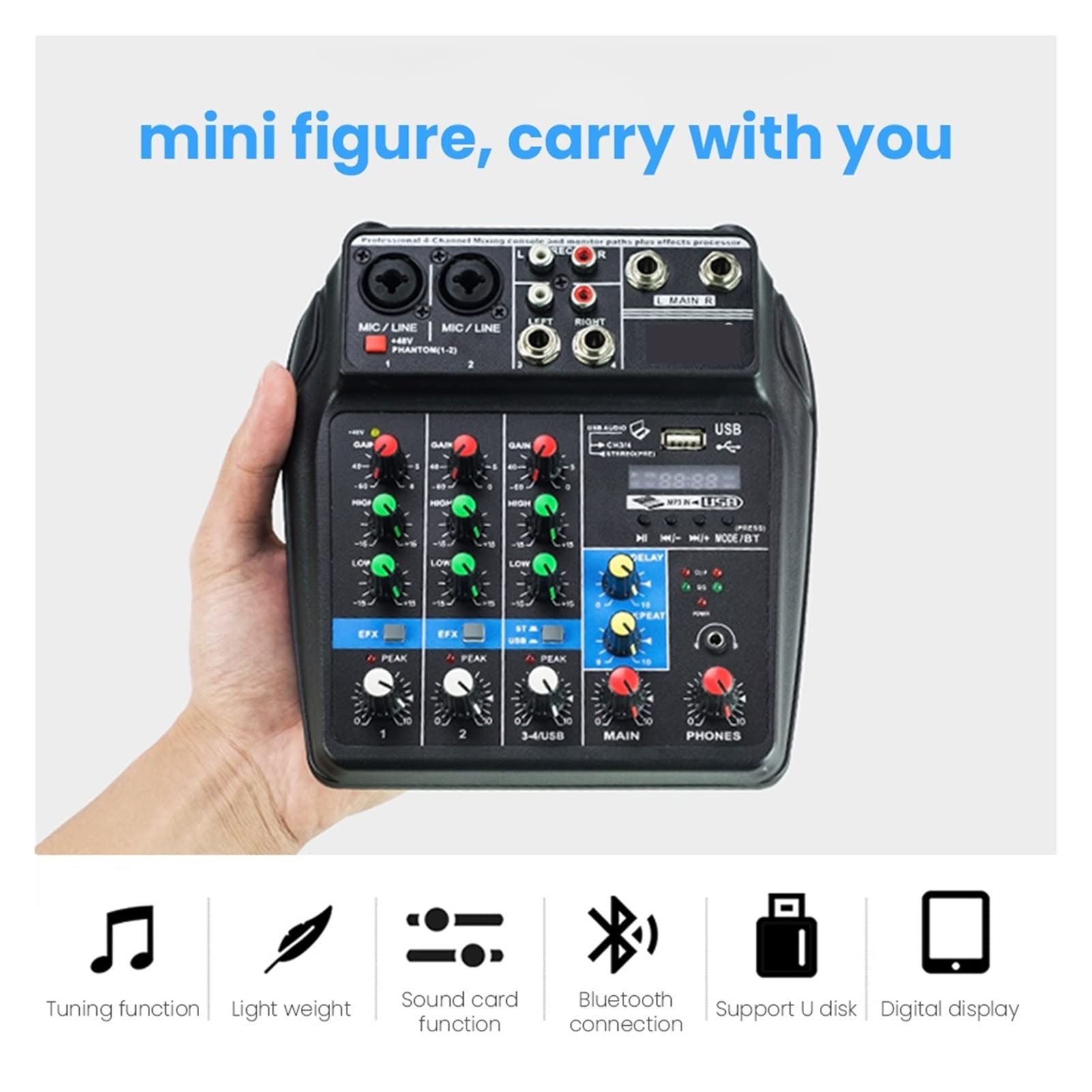 Attrezzatura per DJ per Feste Professional Studio 4 Channels Mixer Audio Interface USB Bluetooth Sound Mixing Console 48V Phantom Power Sound Card(U-S)