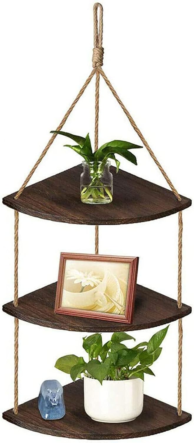 YUDIZWS Hanging Corner Shelves 3 Tier Wooden Rustic Jute Rope Shelving Organizer Displays Wall Mounted Floating Corner Shelf Storage Unit Storage Rack for Bathroom Living Room Kitchen Home Decor,A