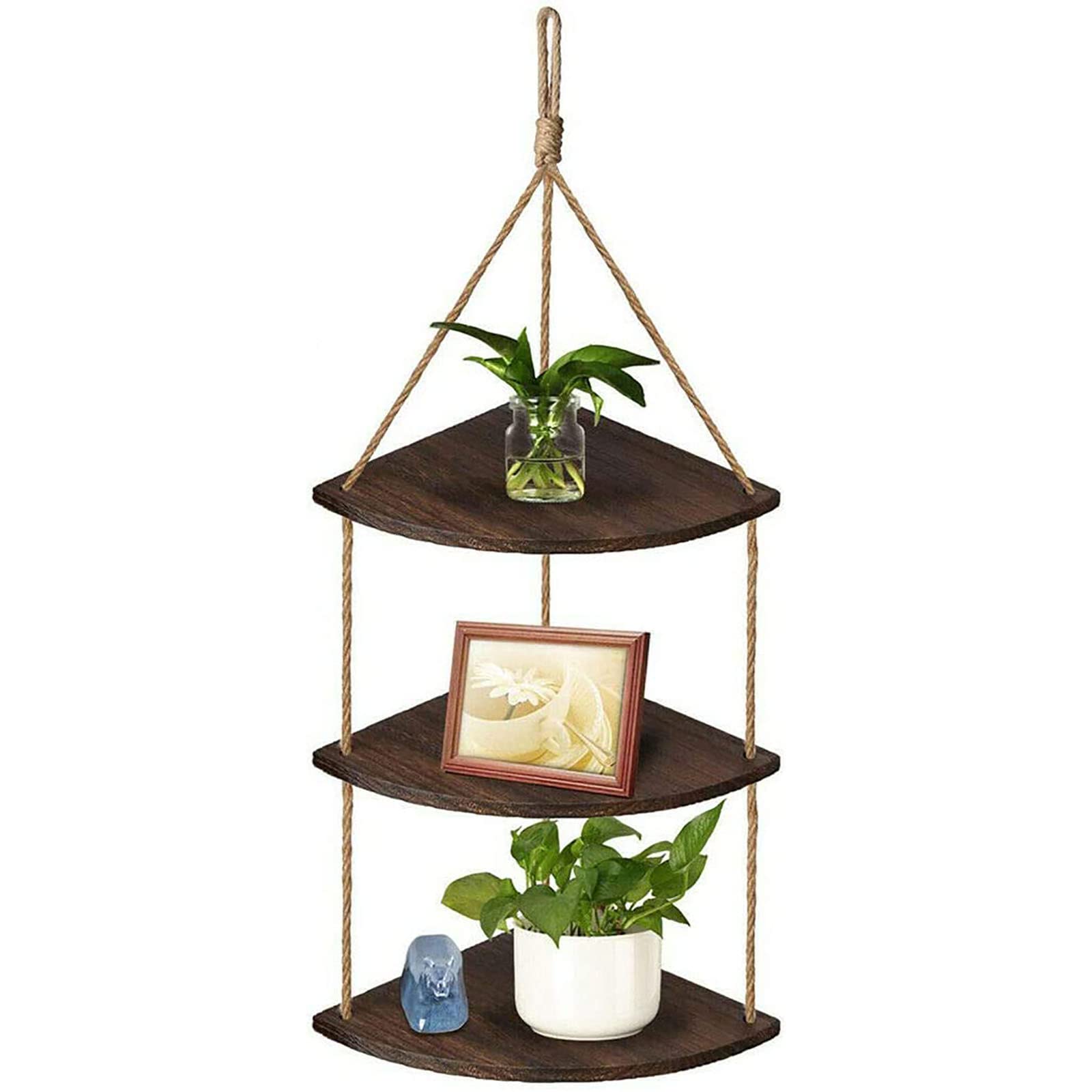 YUDIZWS Hanging Corner Shelves 3 Tier Wooden Rustic Jute Rope Shelving Organizer Displays Wall Mounted Floating Corner Shelf Storage Unit Storage Rack