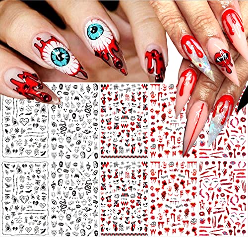 10 Sheets Halloween Nail Art Stickers 3D Halloween Nail Decals Horror Gothic Nail Stickers Black Snake Skull Spider Ghost Scary Wound Scar Bloody Nail Designs Charms Halloween Nail Decorations #TOP6