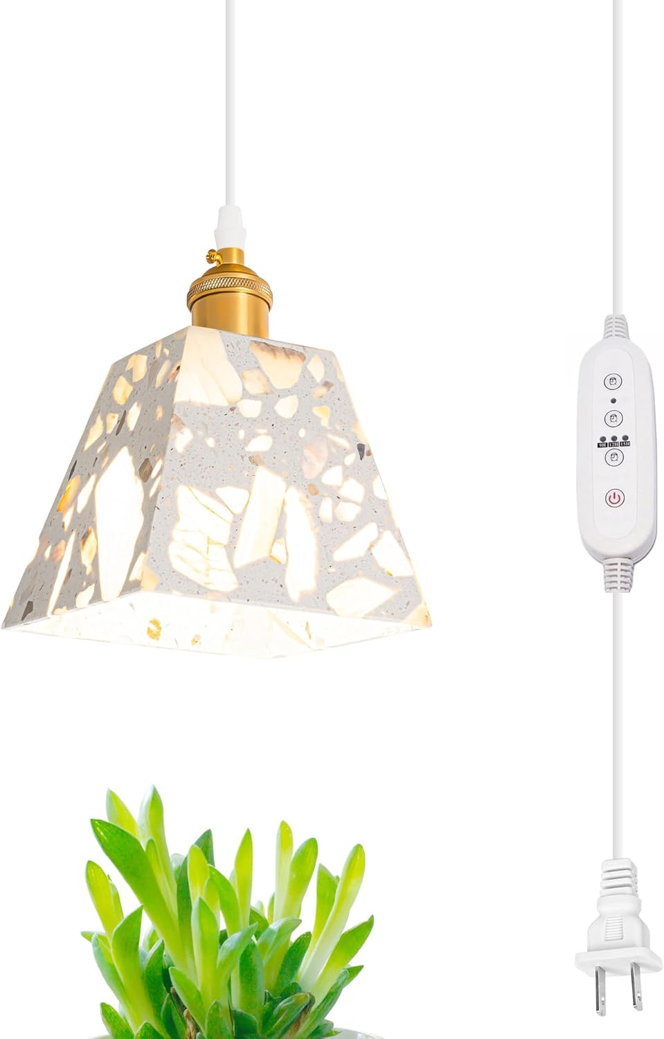 Swag Hanging 24 Hours AUTO Plug-in Timer Cord Pendant Light, Natural Stones Shade Copper Socket Trapezoid for Indoor Plant Growing Spot Light House No Wiring Needed Portable Customizable