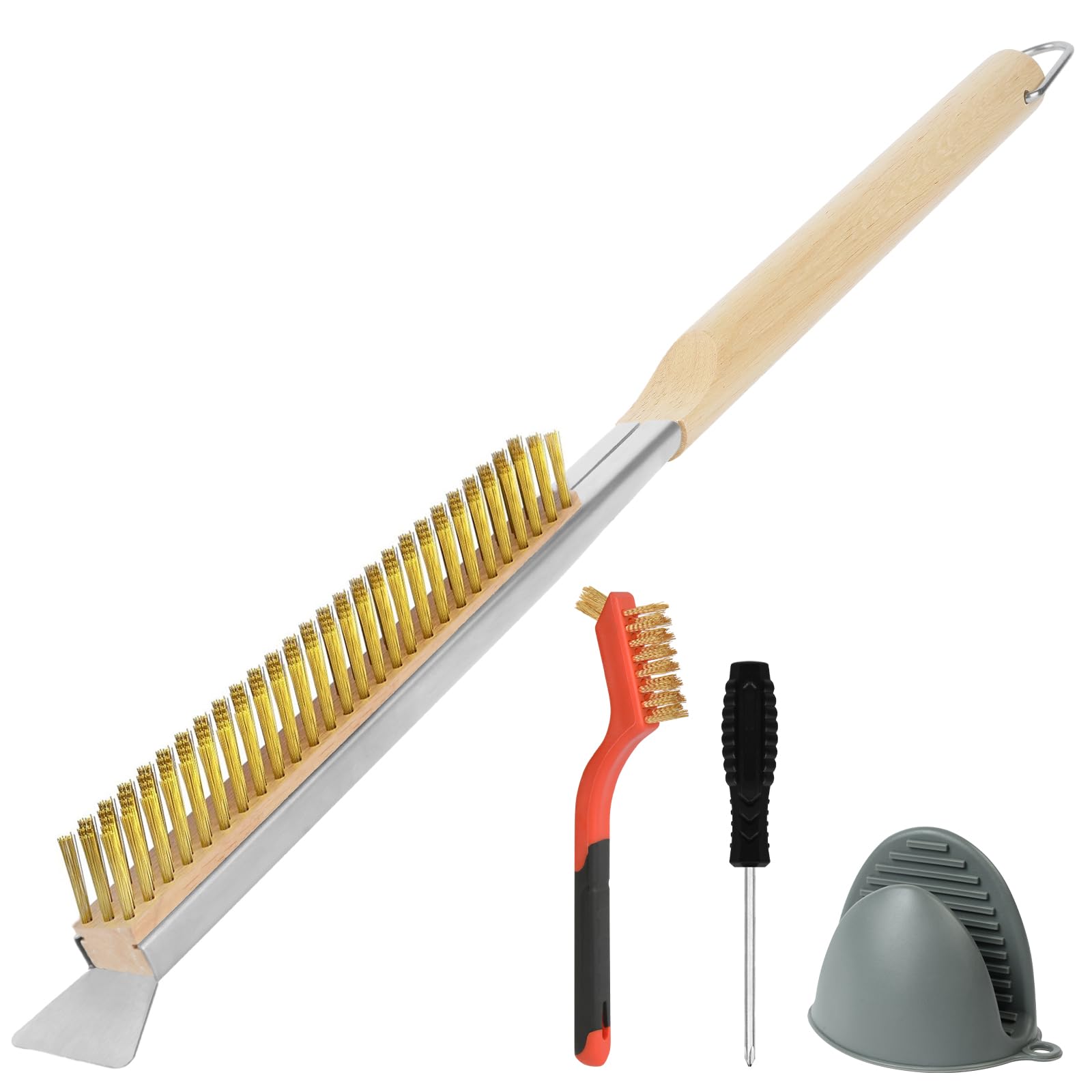 OFFCUP Pizza Oven Brush, 56CM Copper Pizza Stone Cleaning Brush with Scraper and Small Brush