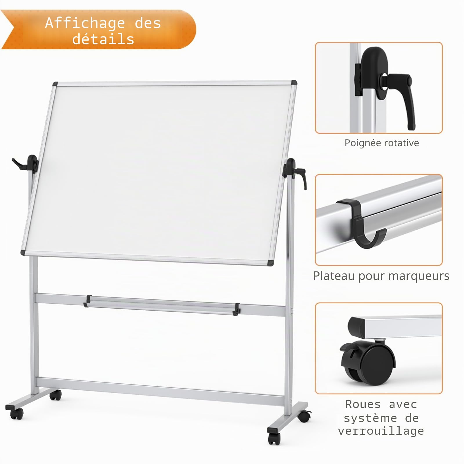 VIZ-PRO Tableau blanc mobile pivotant magnétique double face, cadre en aluminium 120 x 90 cm