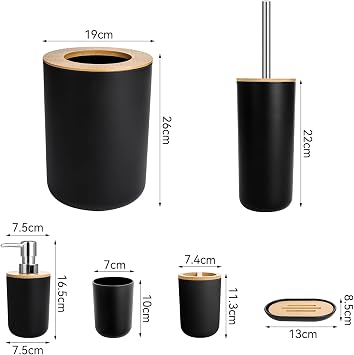 Bathroom Accessories Set 6 Piece Bin Toilet Brush Soap Black