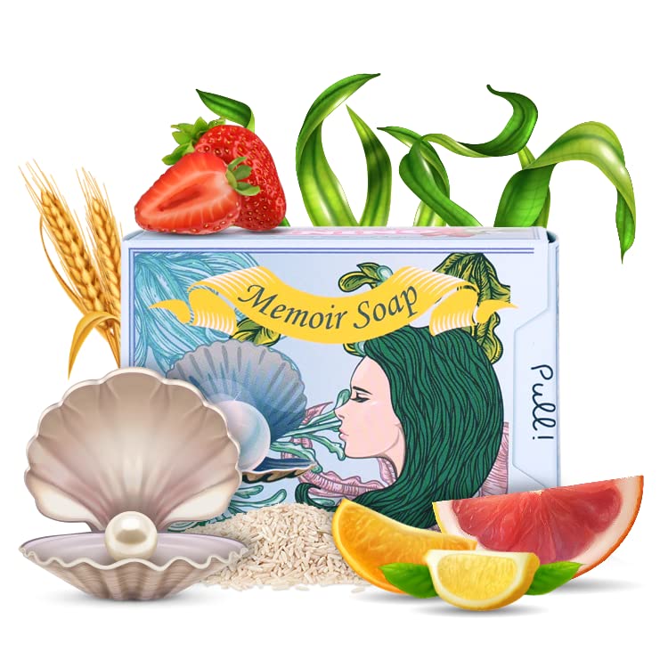 Memoir Natural Brightening Soap for Sensitive Skin – Hyaluronic Acid, Pearl, Tomato & Cucumber Extract, Grapefruit & Lemon Oil | Dark Spot Remover | Skin Toning & Lightening | 4.5oz | K-Beauty