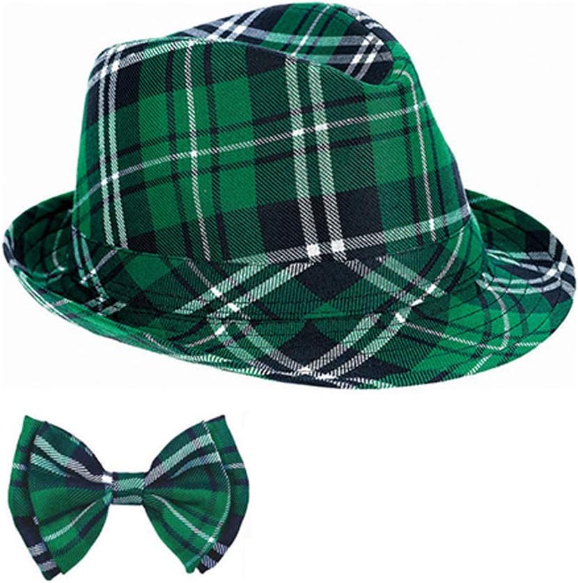 Debispax St. Patrick's Day Green Plaid Hat Irish Party Fabric Peaked Cap with Bow tie