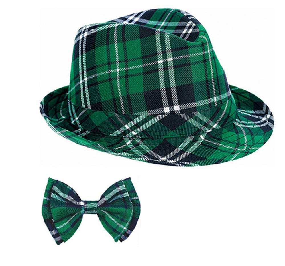 Debispax St. Patrick's Day Green Plaid Hat Irish Party Fabric Peaked Cap with Bow tie