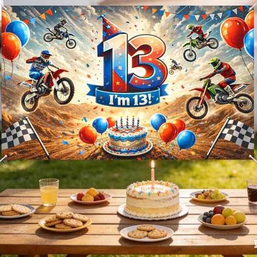 Image of Nuxovilar Happy 13th Birthday Banner Yard Sign 71 inchx43in Polyester Backdrop | Celebrate Party Supplies, Celebration Decor. Dirt Bike Birthday Party Decorations. Yard, Garage, Room. (Dirt Bike 13th)