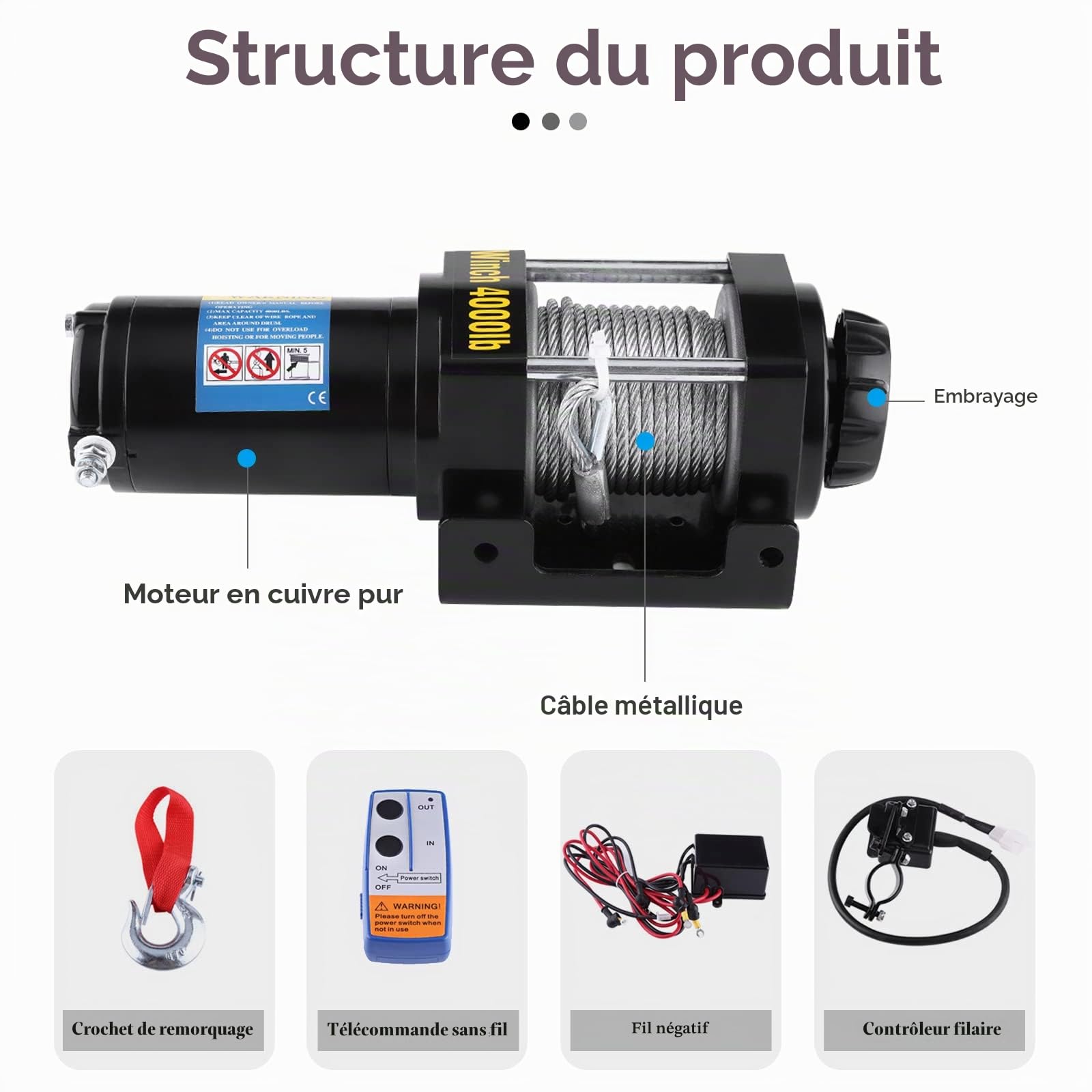 Treuil Électrique 12V, 4000 lbs DC 12V Kit de Treuil Électrique de Secours, Force de Traction 15m Câble en Acier Avec Télécommande Sans Fil pour Voiture, ATV, Remorque, Camion