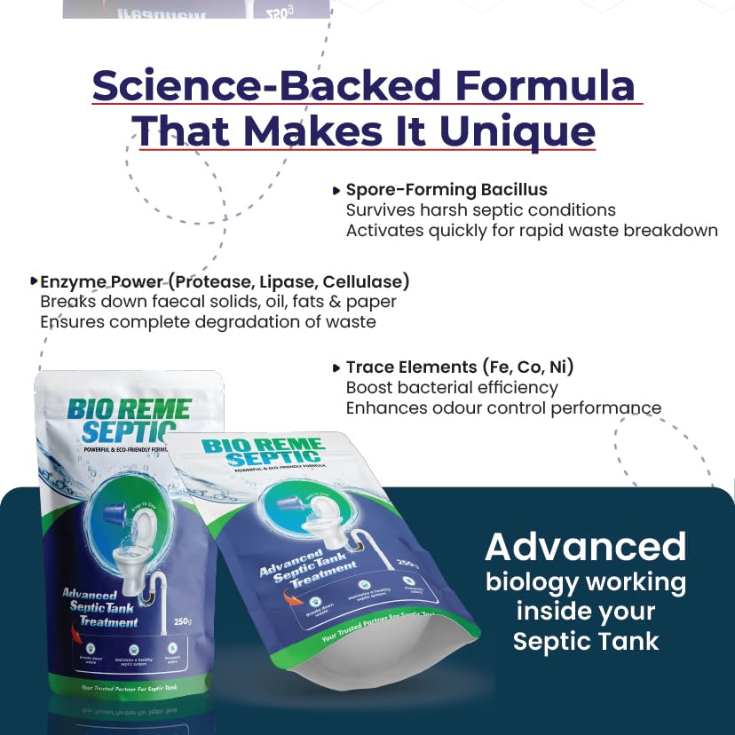 Image of Bio Reme Septic Tank Cleaner Bacteria Powder for Sludge Build Up Reduction and Odour Control Eco Friendly Septic Care Maintenance Treatment for Toilet and Drain Pack of 2 Total 500 Gms
