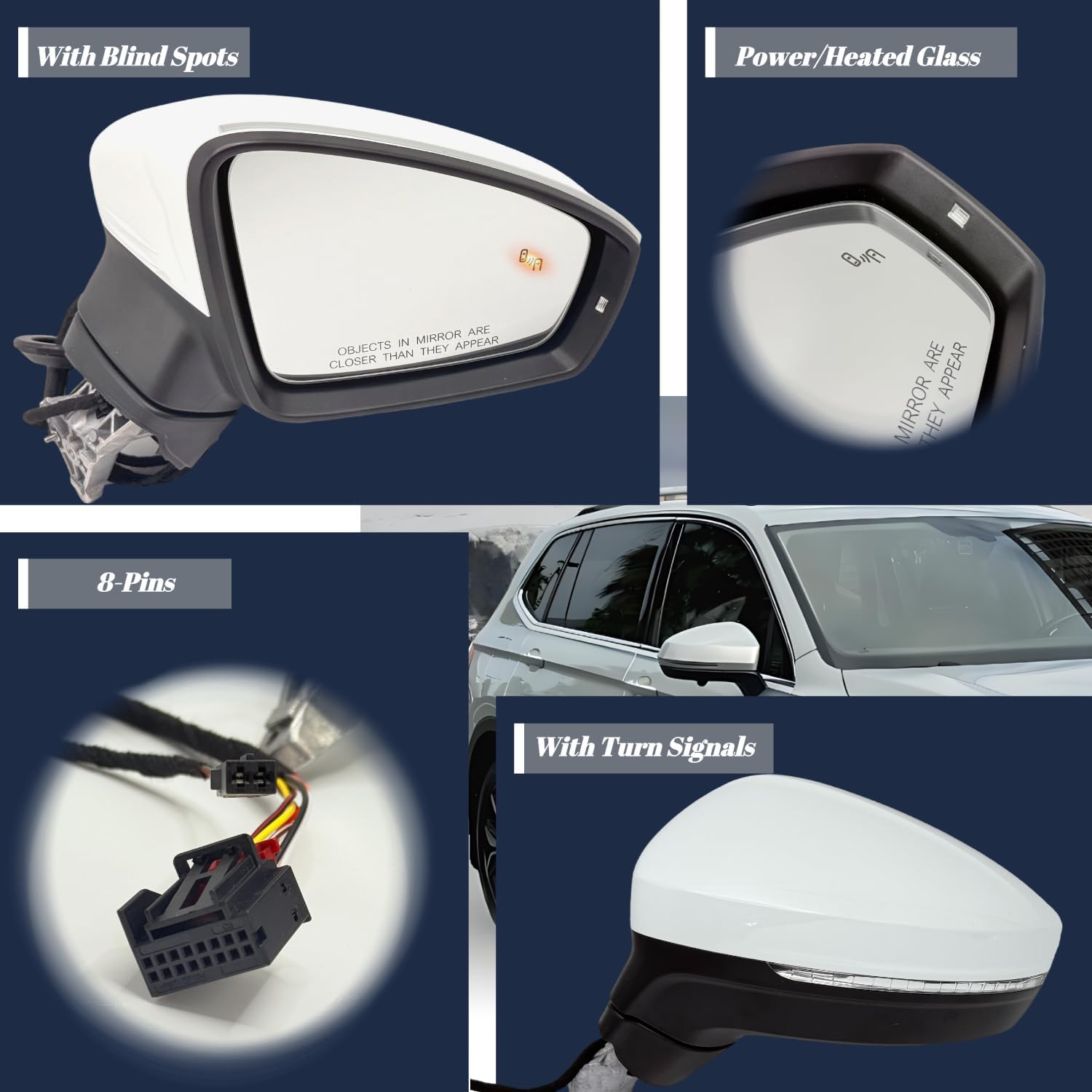 Right Passenger Side Mirror Compatible With Volkswagen Tiguan 2018-2025 Rearview Mirror With Heated Power Mirror Turn Signal Light Blind Spot Indicator (6+2 Pins) White