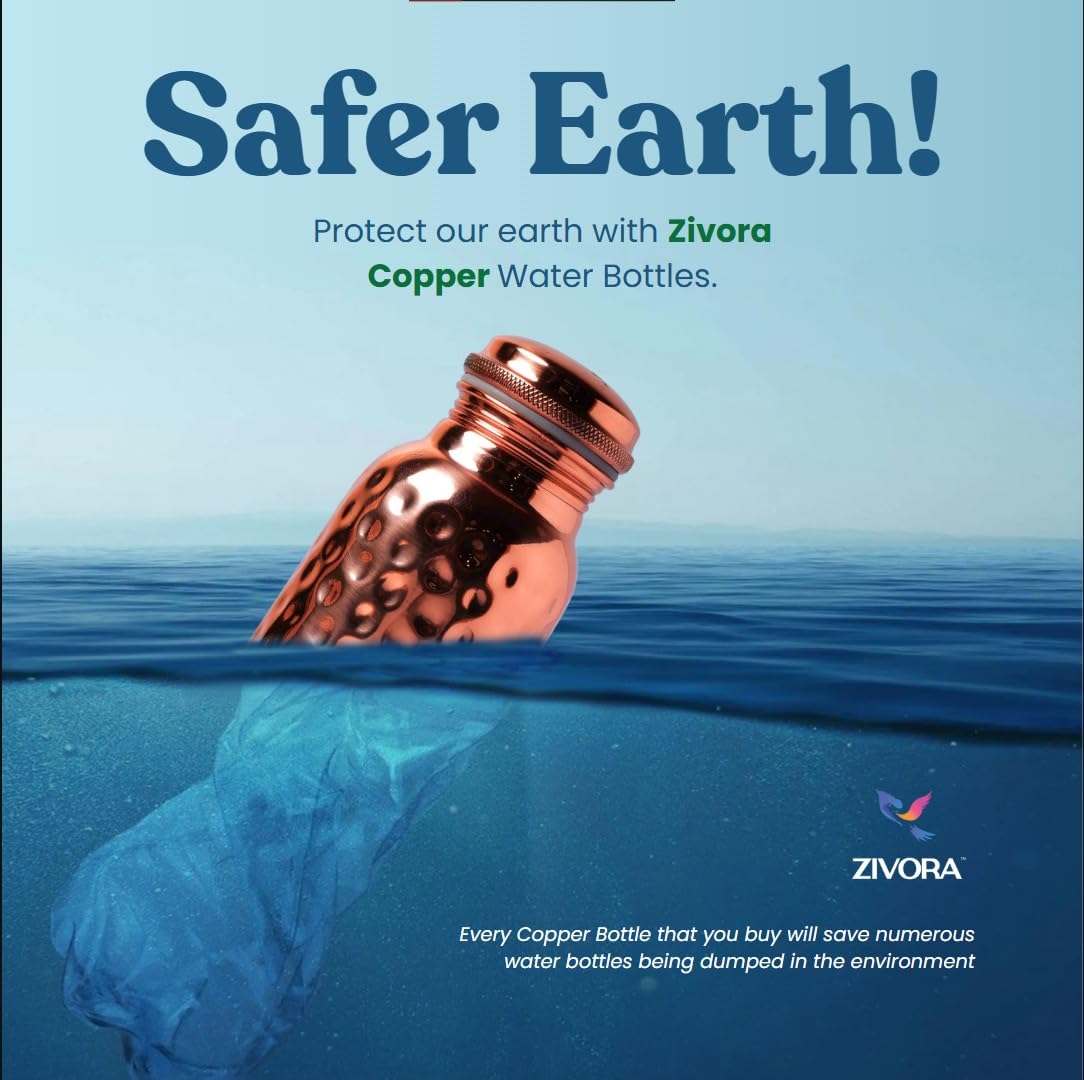 ZIVORA Pure Copper Water Bottle 34 Oz With Copper Straw & Carry Bag - Hammered Ayurvedic Bottle, Lab Tested 99.8% Pure