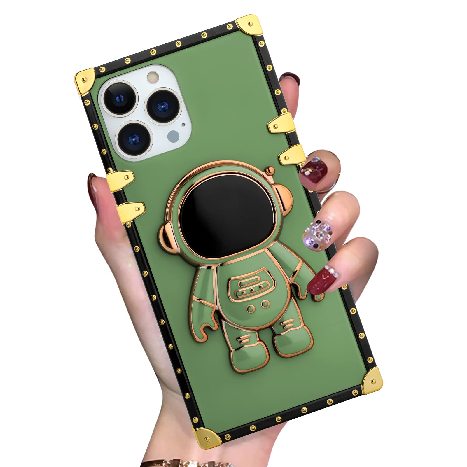 ZIYE 6D Plating Astronaut Hidden Stand Case Cover for iPhone 14 Pro Case for Women Girls,Golden Luxury Square Case with Camera Protector,Shockproof Corners Protective Case 6.1in-Green