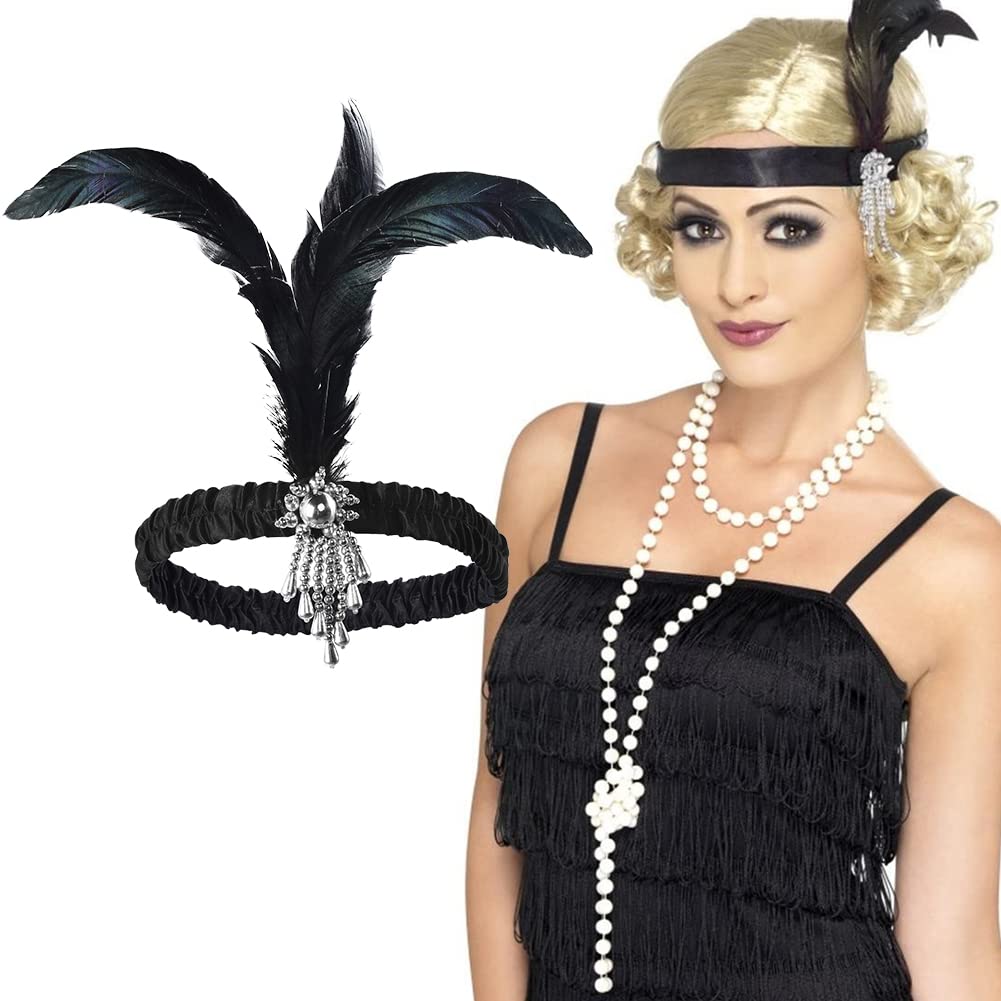 Copricapo Gatsby, piuma di struzzo nera e perla, cerchietto flapper anni '20 - Italia
