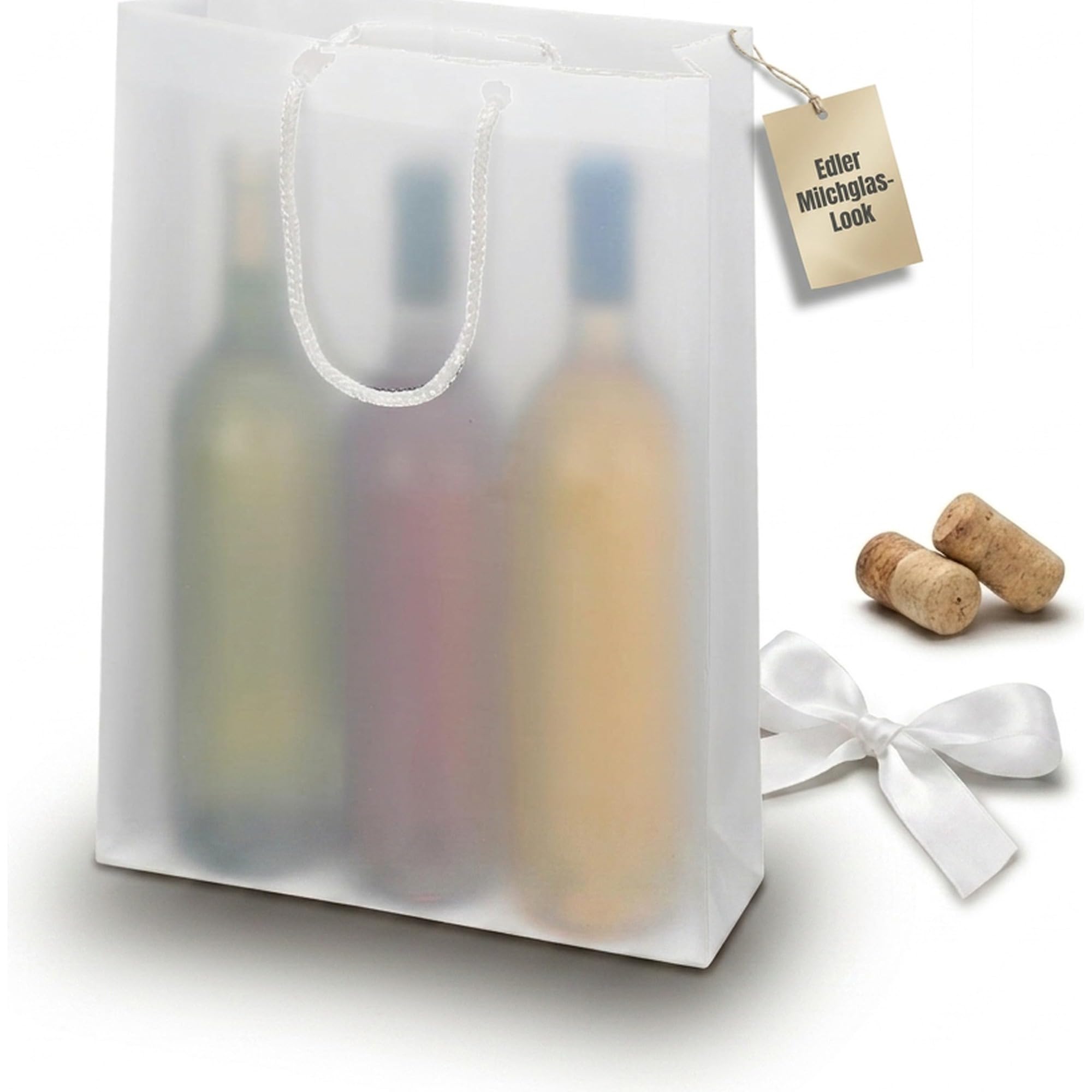 KK Verpackungen Flaschentüte Transparent Frost 270x85x360mm | 10 Stück, Tragetasche für 3 Flaschen | Geschenktüte Wein Sekt | 100% recyclebar ökologisch | Flaschenverpackung Präsenttüte