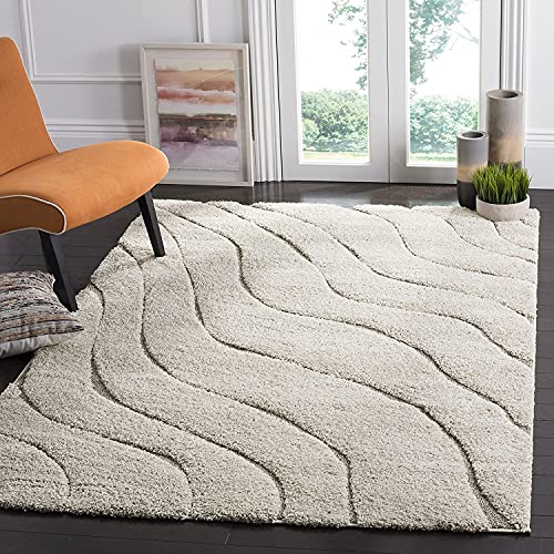 Image of Abstract Wavy Design Shaggy Rectangular Carpet For Living Room,Bedroom,High Low Design Finish Microfiber 1.8 Inch Pile High,5X7 Feet Cream|Beige Color