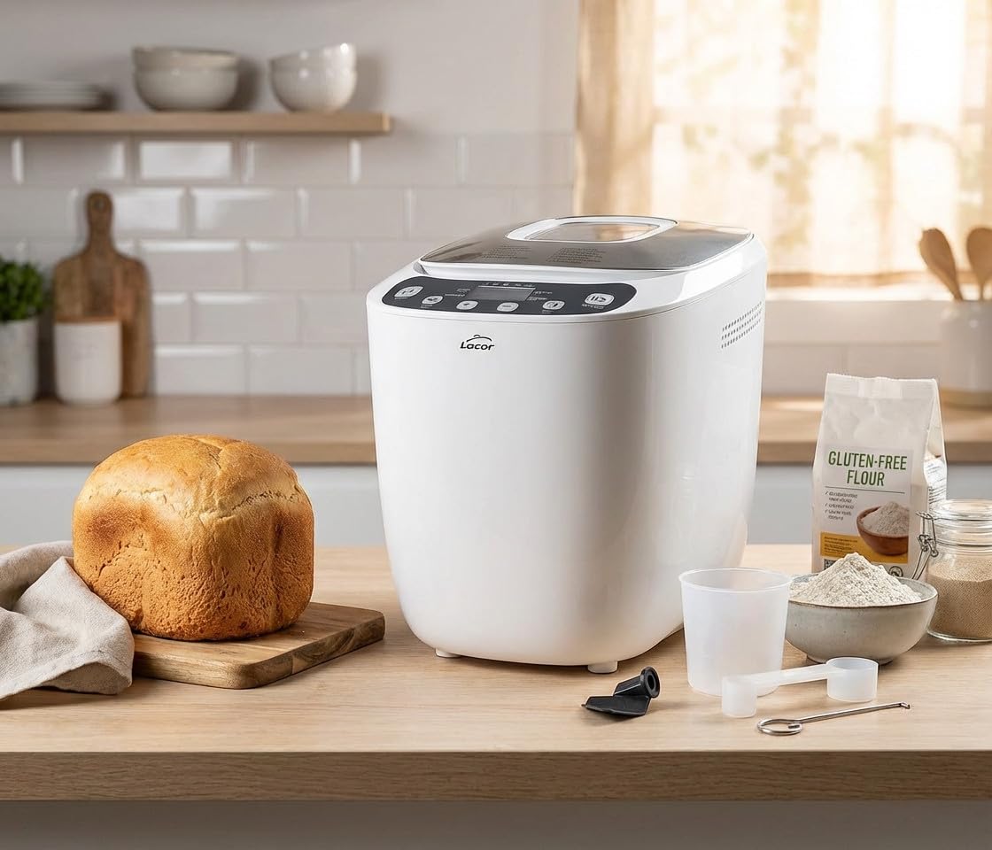 Suinga Panificadora Automática Profesional, mezcla, amasa, fermenta y hornea, libre de PFOA, 12 programas y especial sin Gluten, Pantalla LCD, incluye recetario, 550W, Blanco