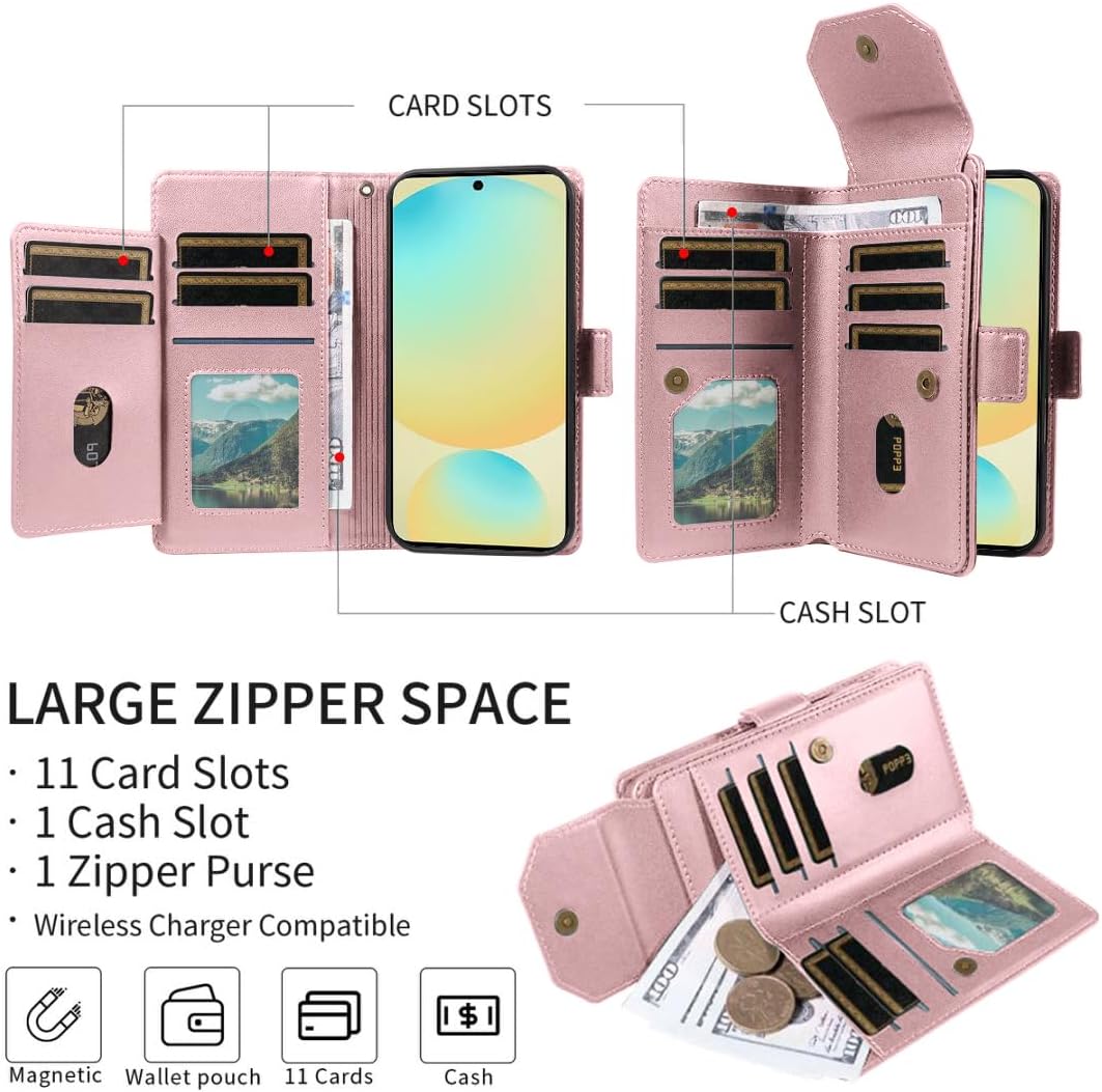 Asuwish Phone Case for Samsung Galaxy S24 FE 5G Cell Wallet Cover with Tempered Glass Screen Protector Flip Credit Card Holder Slot Stand S 24 EF AI S24FE 24S Women Men Folio Purse Lanyard Pink