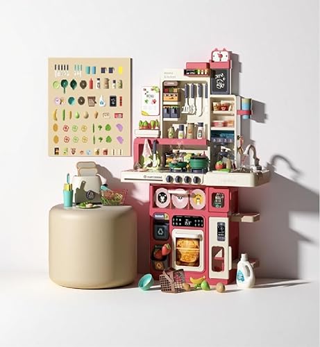 Miniatura 6 de Serena&Jewel Juego de cocina con 63 piezas, juego de accesorios de juguete con sonidos reales y luz, fregadero de juego, estufa de cocina con vapor