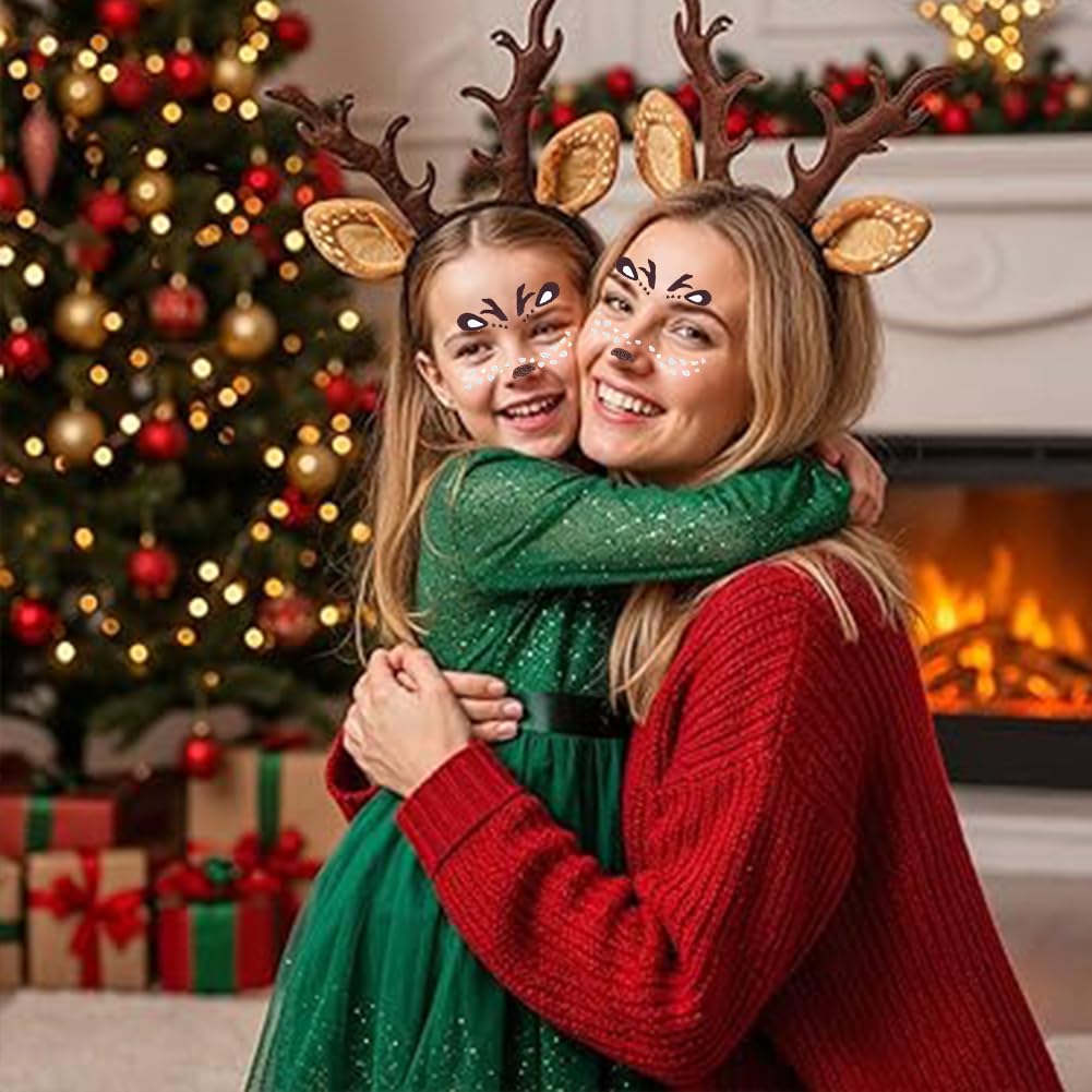 HTGWCG Reindeer Headband Costume Kit, World Book Day Girls Deer Antlers Horns Deer Ears Headband Deer Face Tattoo Stickers - Image 3
