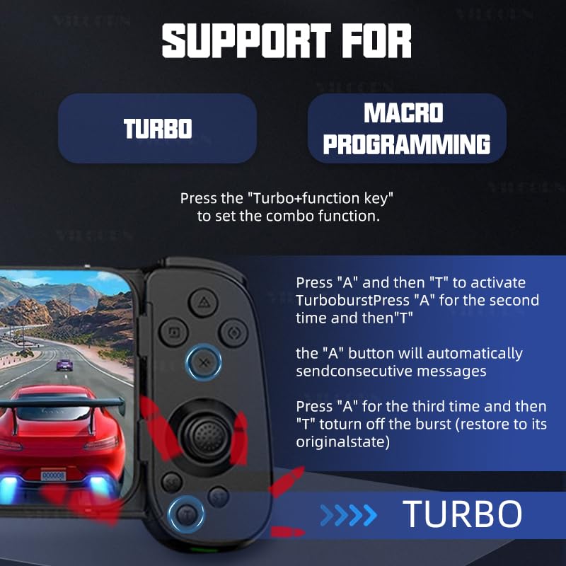 VILCORN controller with '6 AXIS SOMATOSENSORY' text, showing a racing game with motion lines.