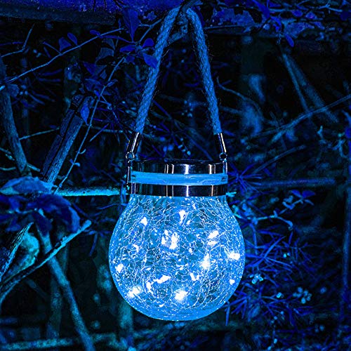 YONGCHY Solar Powered Crystal Crackle Glass Hanging Lights,Waterproof Rustproof Stainless Steel Big Mason Jar Solar Panel Tops,Outdoor Hanging Lamps,Blue