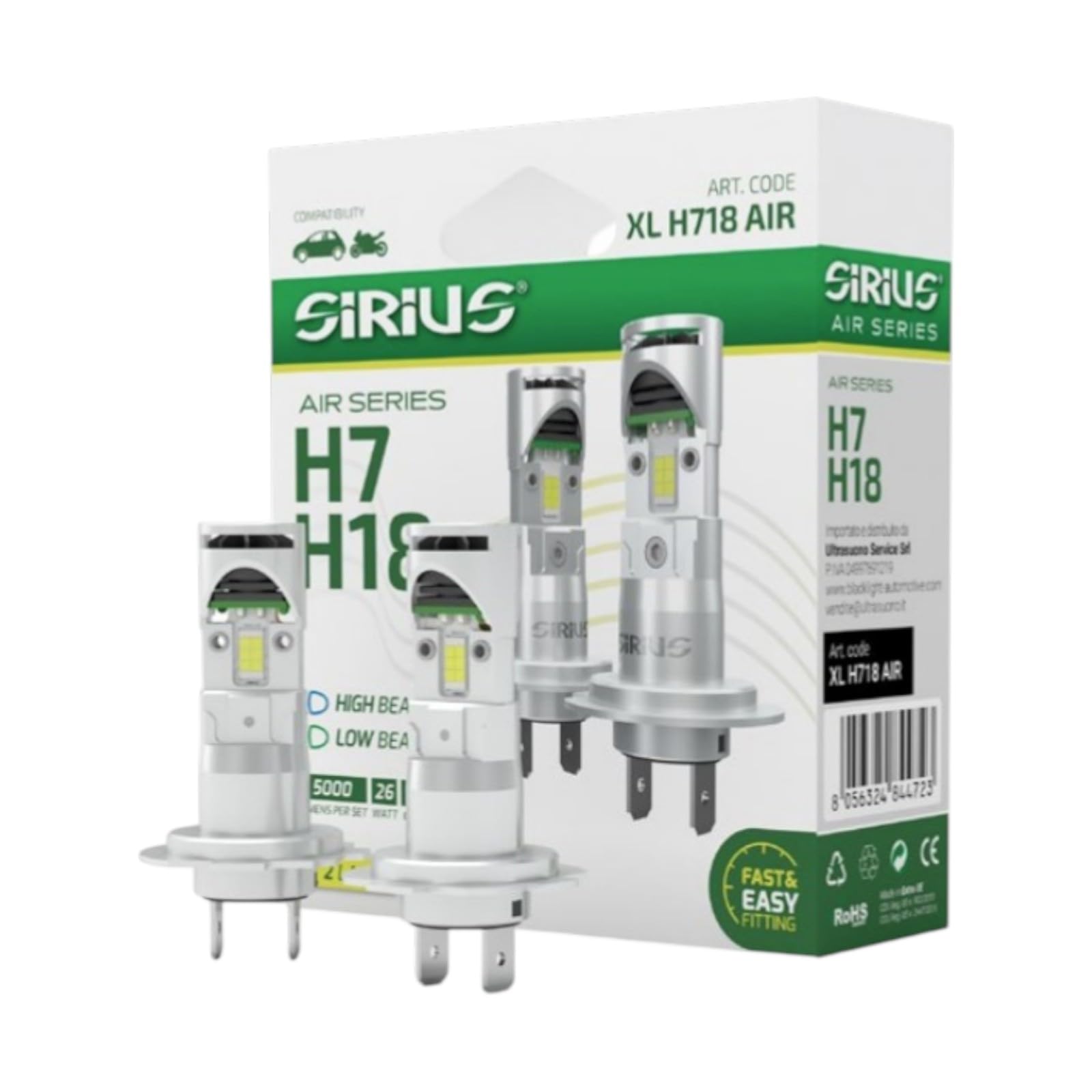 Sirius XL H718 AIR - Kit 2 Lampadine a LED H7 H18 12V 6500K Raffreddamento con Ventola Superiore – Retrofit LED Compatto Alta Potenza – Compatibili con Fari Originali