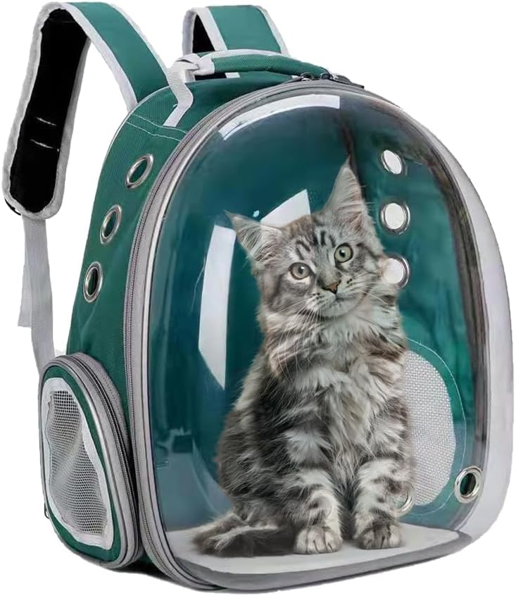 NeoStyle Cat Carrier Bubble Bag, Transparent Breathable Capsule Backpack, Pet Convenient Carrier Bag for Small and Medium Cats Dogs. Hiking, outdoor use (Green)