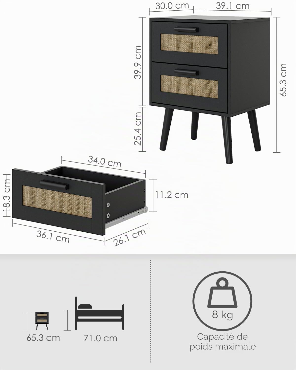 HEYZOEY Table de chevet en rotin, table d'appoint avec tiroir, table de chevet avec pieds en bois pour chambre à coucher, salon (noir-2 tiroirs)