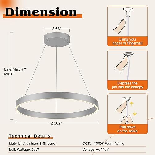 Miniatura 4 de ROYAL PEARL Moderno vestíbulo colgante luz regulable LED lámpara colgante ajustable colgante iluminación plata 76 W para sala de estar comedor