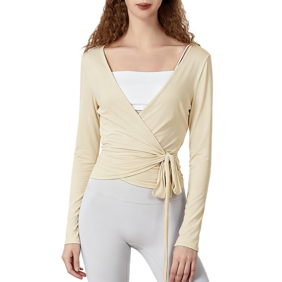 Damski top baletowy do jogi pilatesu owijana koszula z długim rękawem slim fit trening taniec top przedni wiązany pasek strechy balerina bluzka