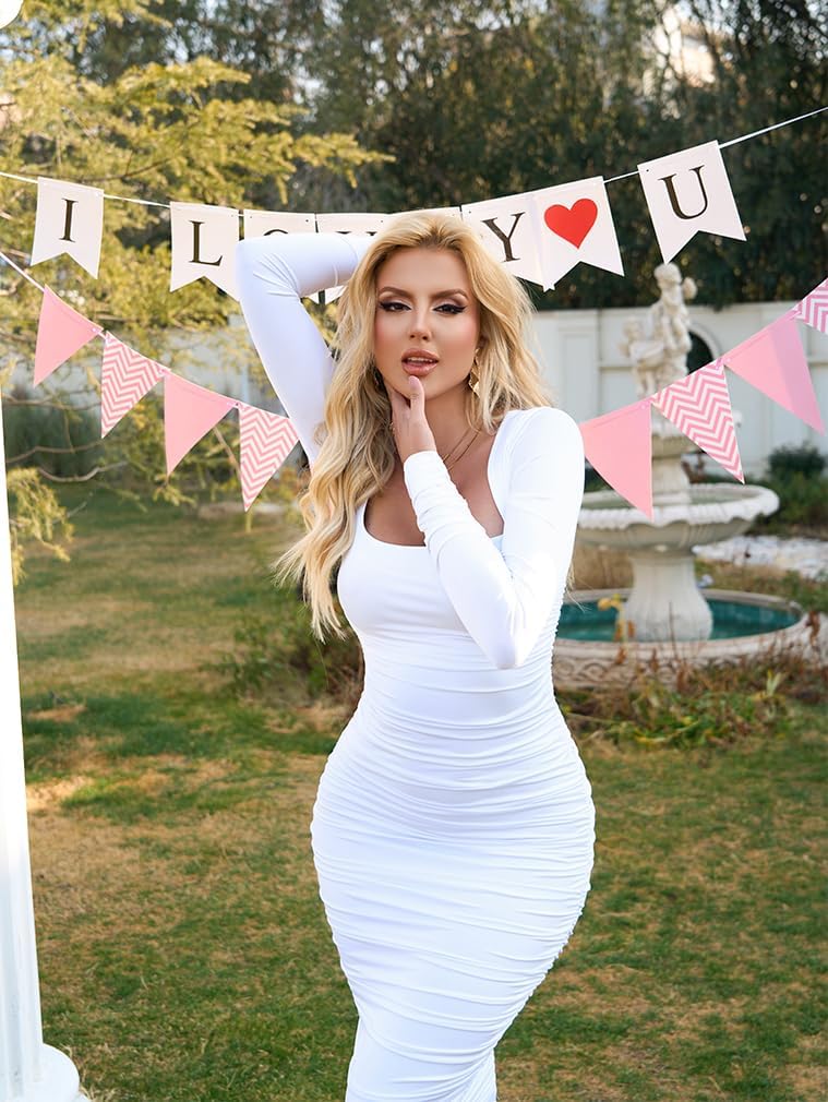 BEAGIMEG Women's Sexy Bodycon Long Sleeves Ruched Square Neck Party Club Midi Dress - Image 5