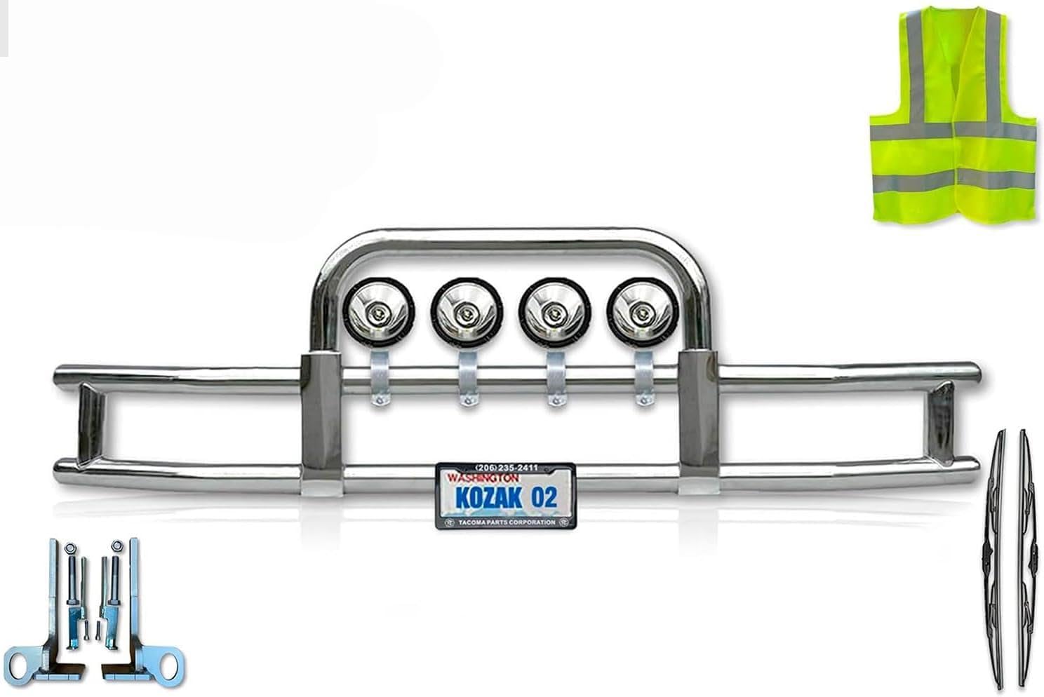 Compatible with Kenworth T660 Front Bumper Grille Deer Brush Moose Guard - Square - 4x 6 Inch 20 LED Headlights, License Plate Holder and Frame, Bracket, Logo, Wipers and KOZAK Vest Included