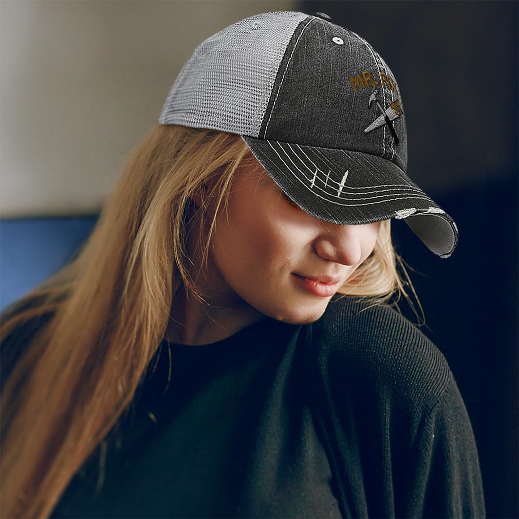 Soft Mesh Cap Hat Embroidered Mr. Fix It Embroidery Distressed Vintage Cap Trucker Hats for Men & Women - Image 2