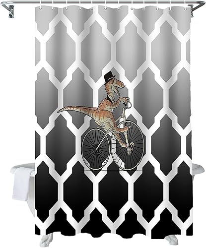 Vandarllin Divertida cortina de ducha con diseño geométrico de dinosaurio para bicicleta, juego de cortinas de ducha para niños, con ganchos, tela