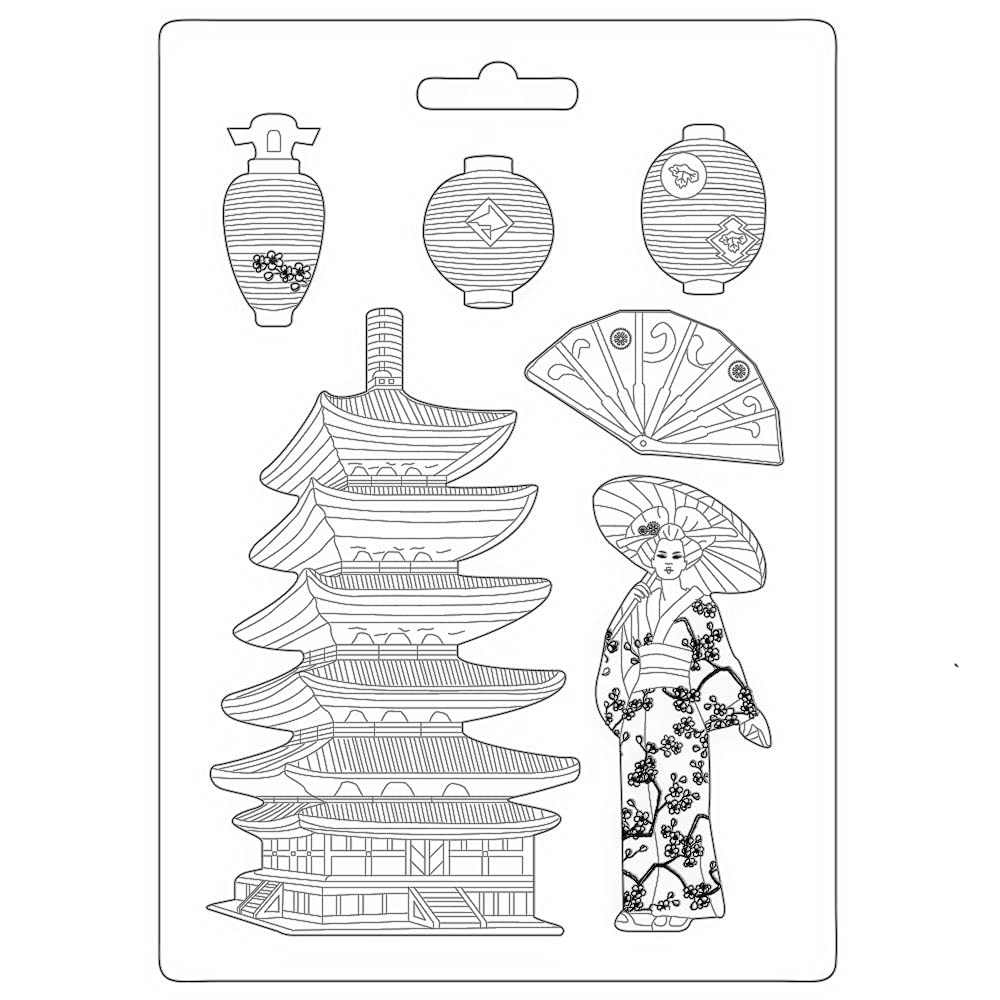 Stamperia White International -Soft Mould-Sir Vagabond In Japan-Pagoda, A4