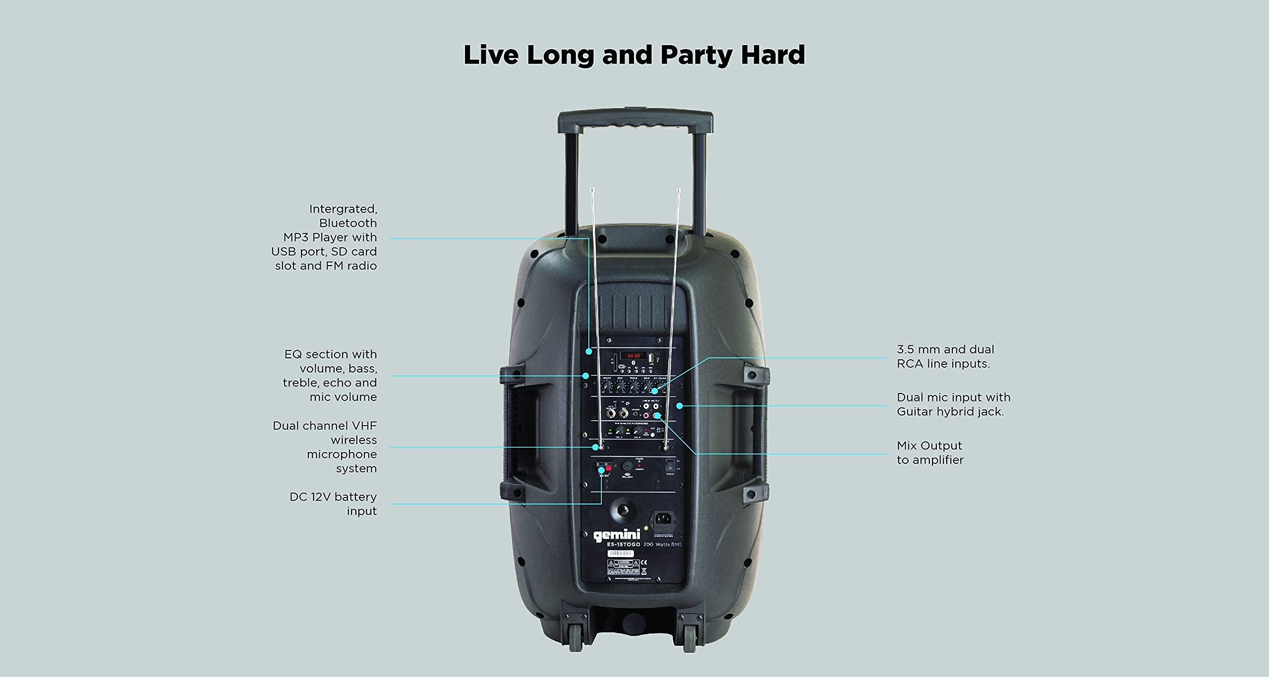Gemini Sound ES15TOGO Wireless Portable Bluetooth Streaming Professional DJ PA System Trolley