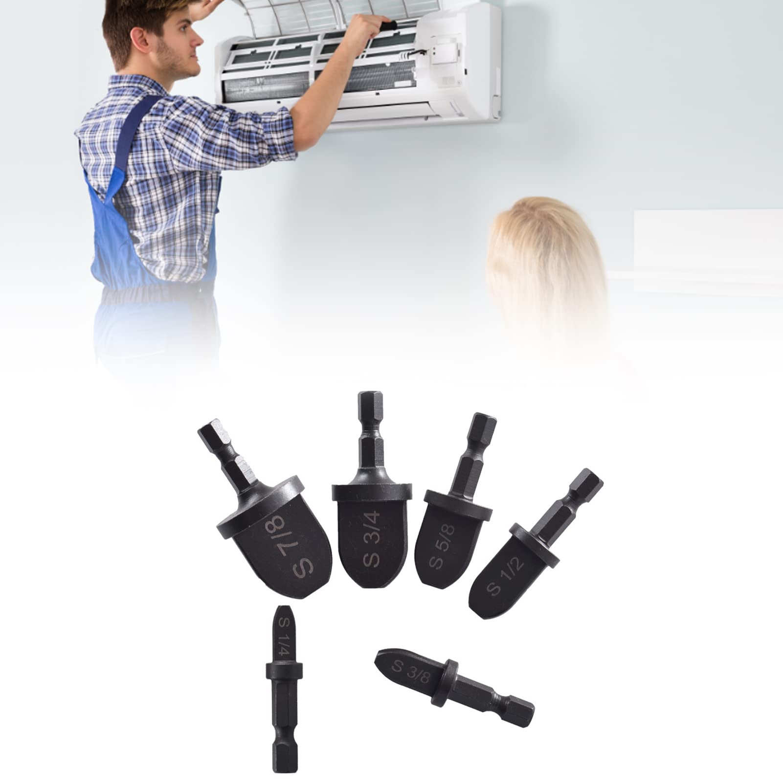 6PCS Tube Expander Drill Bits Carbon Steel Hex Shank Set with Flaring Spin, for Air Conditioner Copper Pipe, Wide Expansion Range and Clear Scales