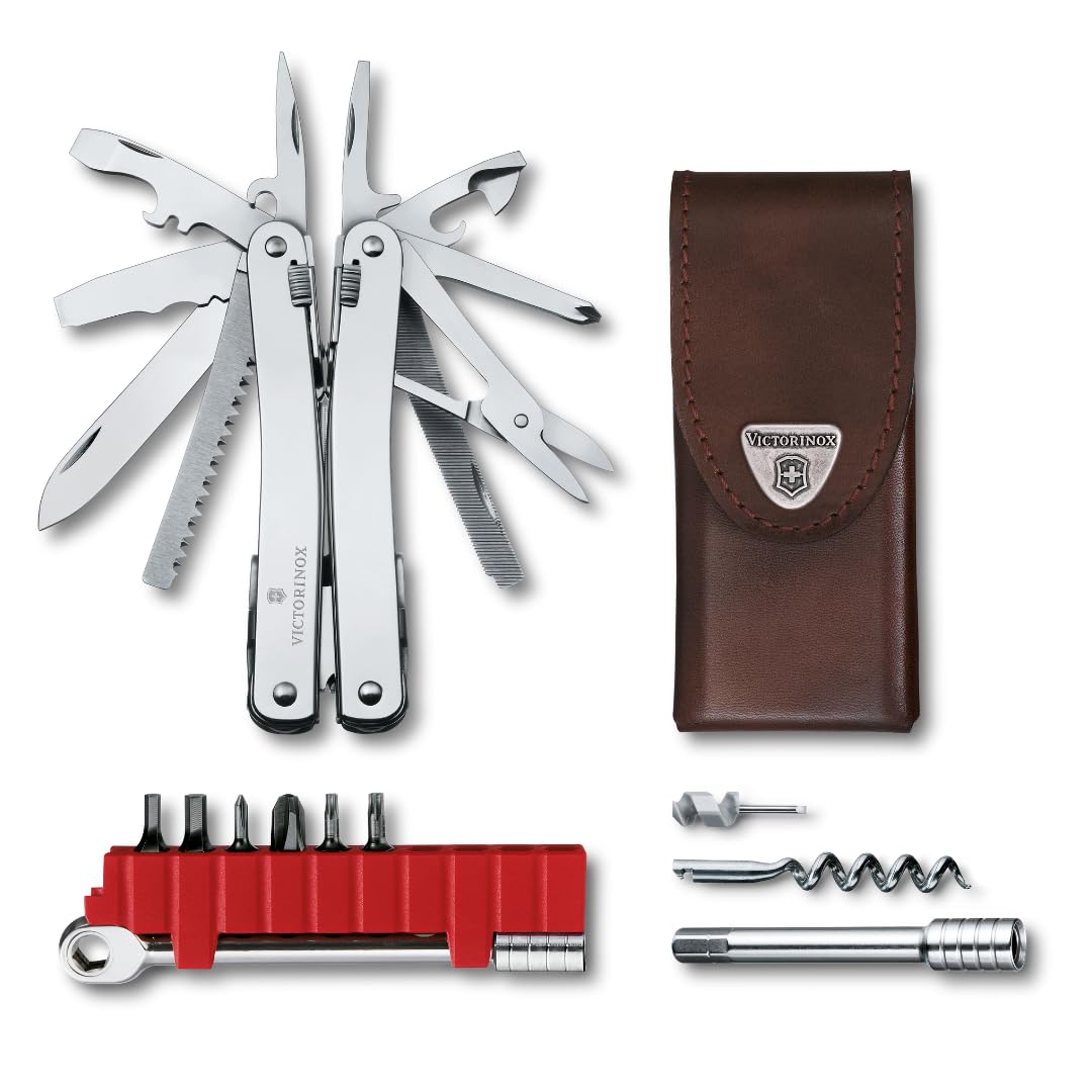 Victorinox Herramienta multifunción Swiss Tool Spirit X Plus Ratchet, 36 funciones, Hecha en Suiza, multiherramienta con hoja de bloqueo, incl. estuche de piel, color plata