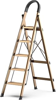 SOLADDER 5 Step Ladder, Folding Step Stool with Handgrip and Anti-Slip Wide Pedal, Portable Lightweight Aluminum Stepladder for Kitchen, Home, Library, Office (330 lbs Capacity) - Brown Gold