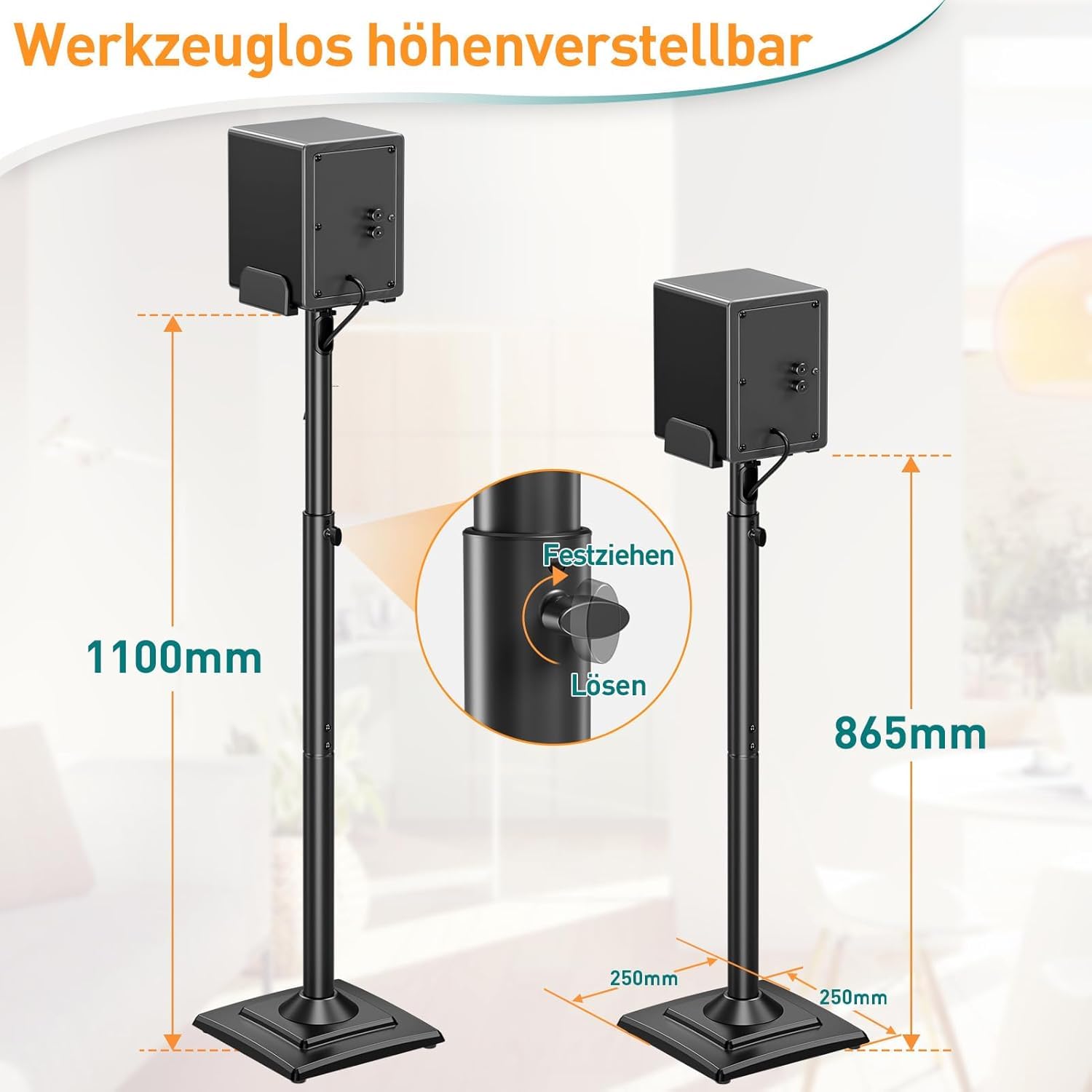 ELIVED Universal Lautsprecherständer höhenverstellbar, Boxenständer mit ausziehbare Auflagenplatte und interner Kabelkanal für Regallautsprecher, 5kg Tragkraf, 1 Paar