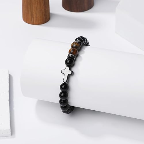 Vista 4 de KesaPlan Pulseras para hombre, pulseras de cruz de piedra natural para hombre, acero inoxidable, ancho de bordillo, cuerda de plata, pulseras