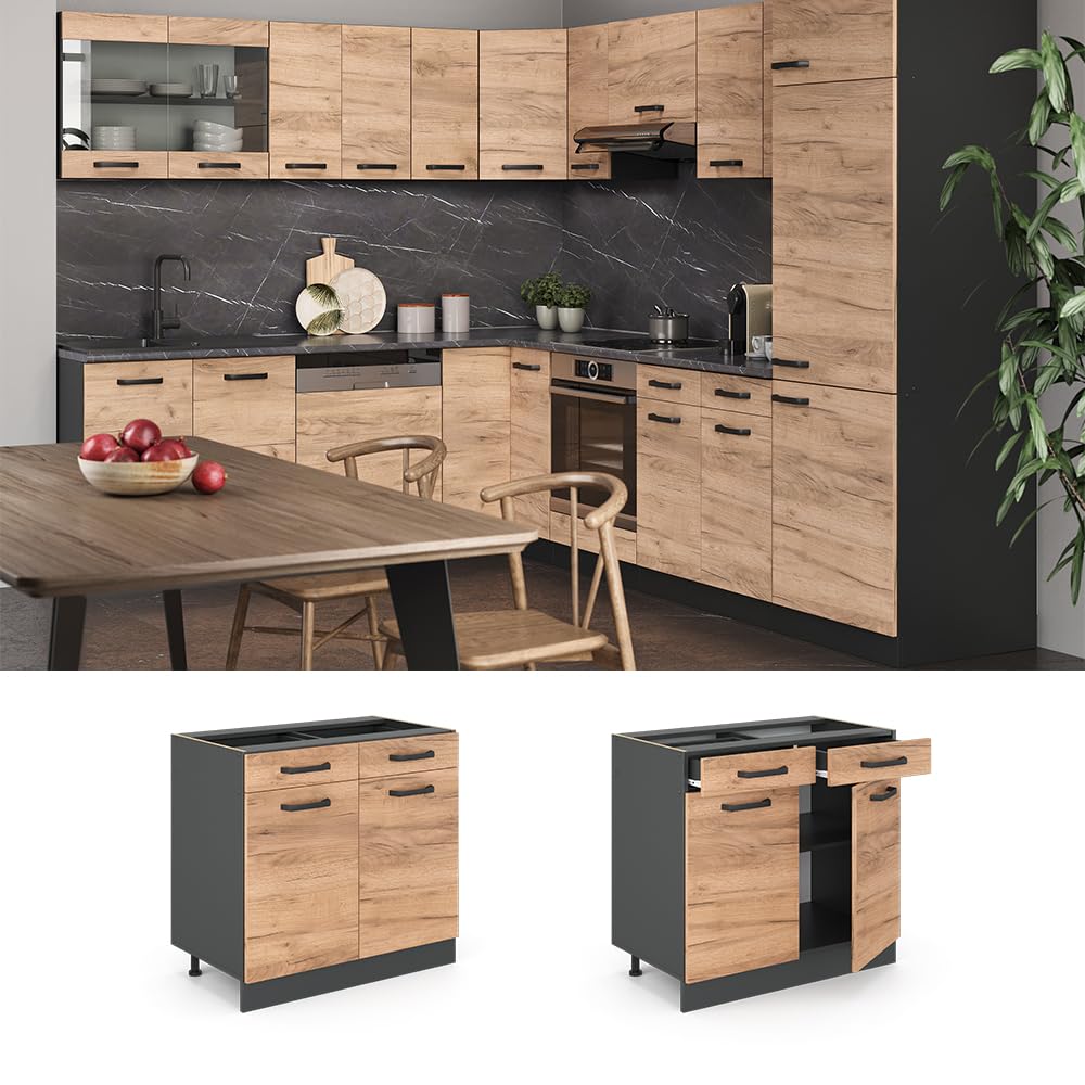 Vicco mobiletto base per cucina R-line, Quercia dorata/Antracite, 80 cm senza piano di lavoro