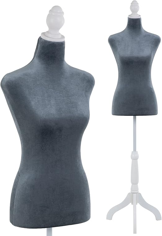 Mannequin Body Dress Form Torso Female Manikin 49.6-63.4 Inch Height Adjustable Wooden Tripod Stand High Density Foam Portable Display Mannequin (Grey, 49.6-63.4 Inches)