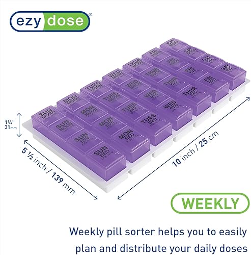 Miniatura 2 de Ezy Dose Organizador semanal de pastillas (7 días), caja de vitaminas y medicamentos, grandes compartimentos desplegables, 4 veces al día, morado