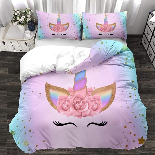 choicehot Unicorn Duvet Cover Star Pink Bedding Set Double Size 3 Pcs Colorful Dreamy Quilt Cover Ultra Soft Microfiber Comforter Cover(3 Pcs, Double Size)