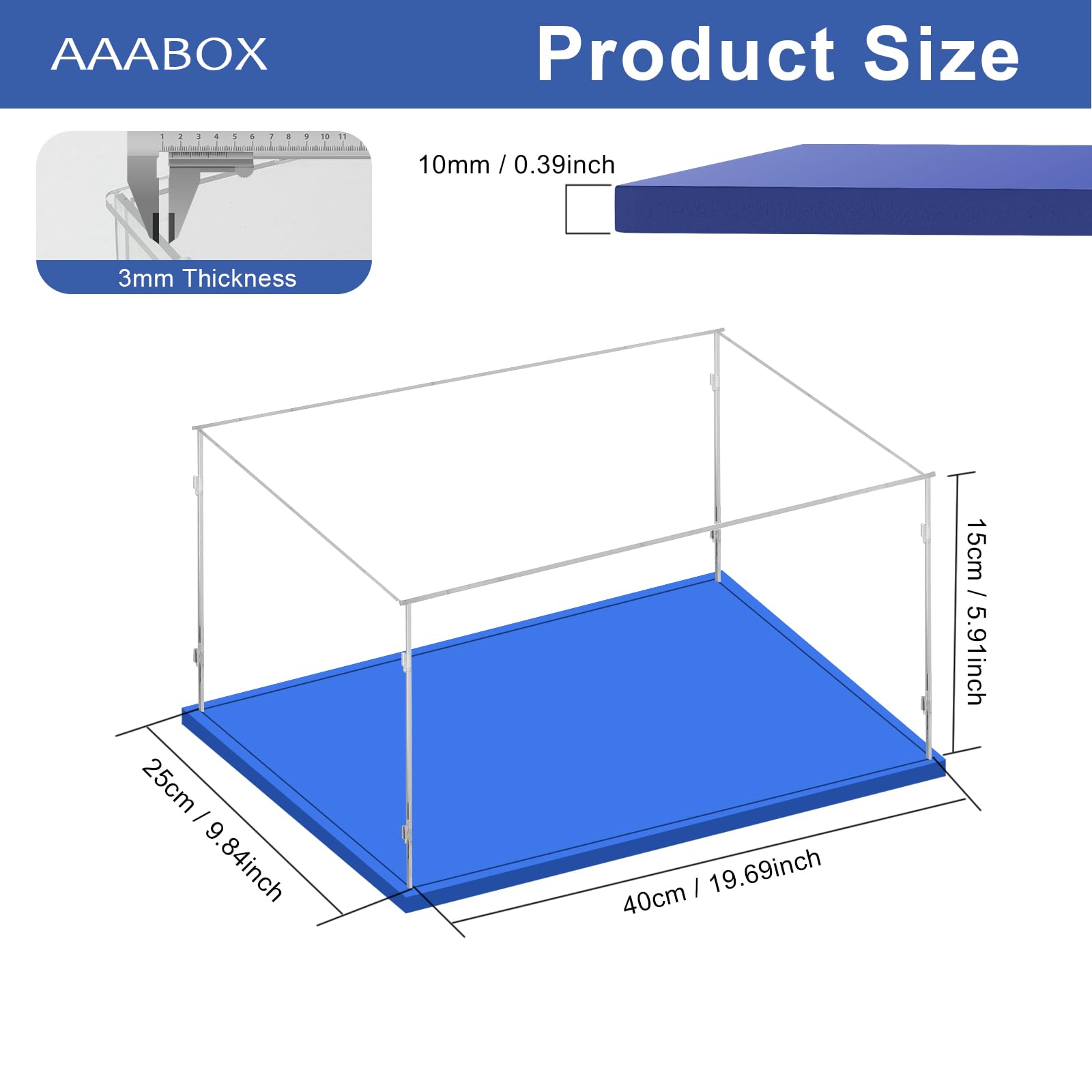 Vitrine Acrylique Transparente 40x25x15 Cm Avec Base Bleue – 3 Mm D’épaisseur, Anti-poussière, Pour Maquettes LEGO Et Voitures 1/12