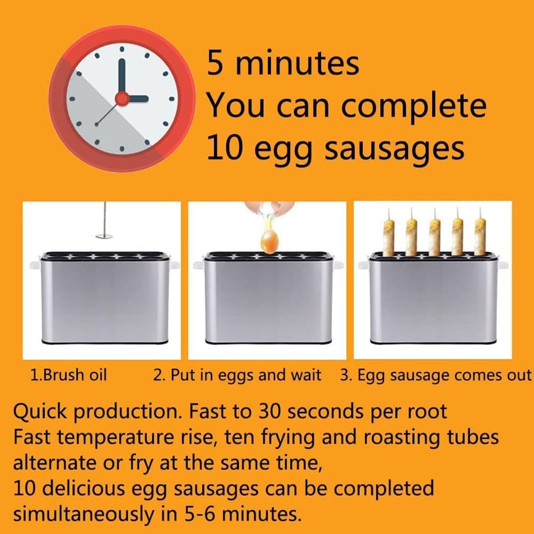 Máquina De Salchicha De Huevo Comercial, Fabricante Eléctrico De Doble Huevo, Máquina De Rollo De Huevo De Desayuno Con 10 Tubos Que Funcionan, Recubrimiento Sin Palo+ 7 Minutos En Cocina Vertical