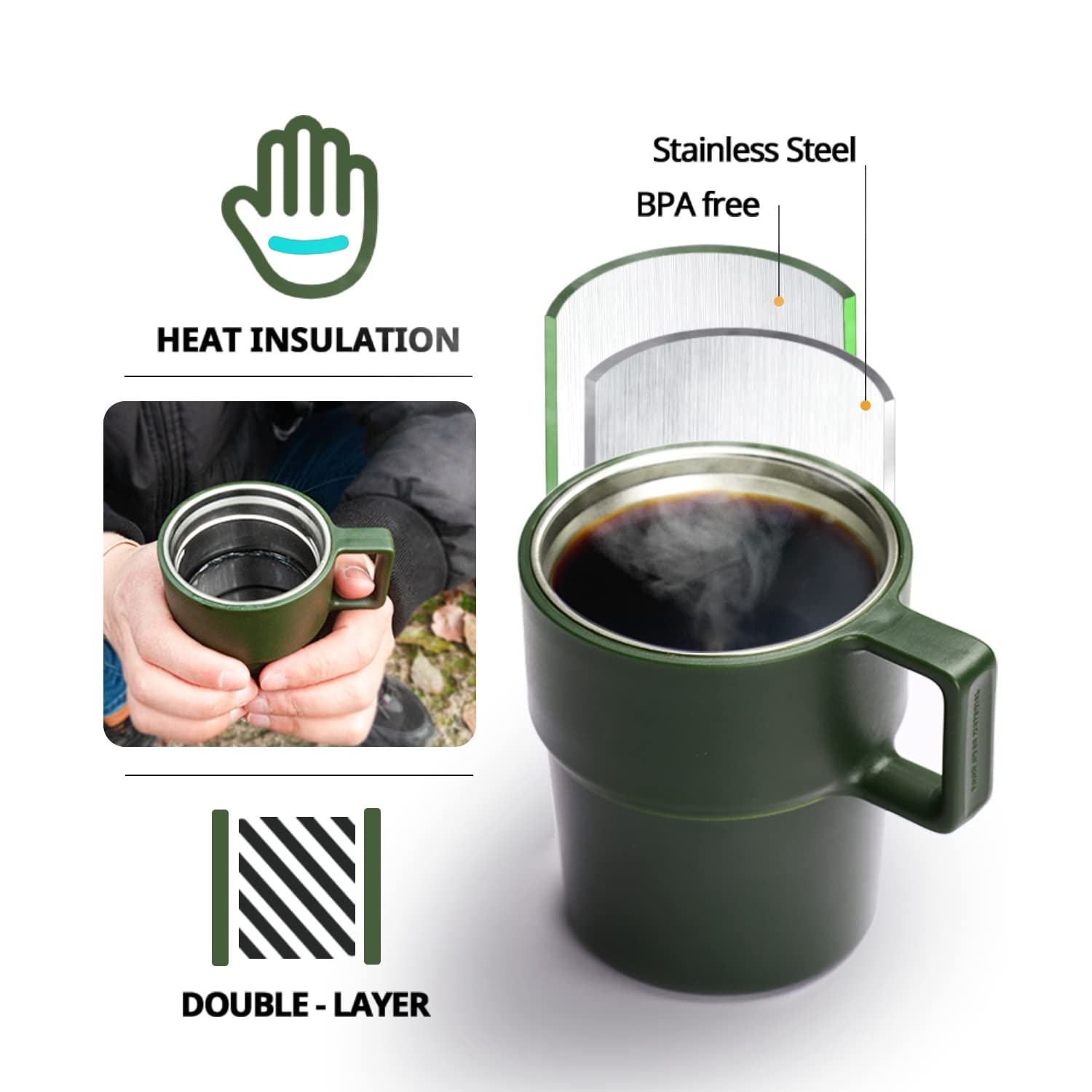 Taza Termo 600 ml de Viaje Frasco de vacío, Agua Termo Botella de café, incorporada Tapa de la Taza, Acero Inoxidable, Taza del té térmica, Deporte Bo Taza Termo Cafe(Green)
