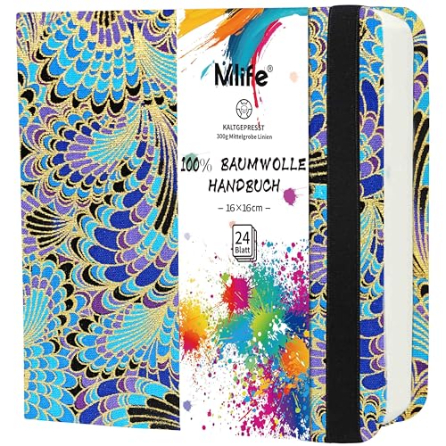Mlife Cuaderno De Bocetos Cuadrado De Doble Cara En Papel De Acuarela,100% Algodón, 300 G/M², Libre De Ácido, Bloc De Acuarela Ideal Para Amantes Del Arte, 16,5 X 16,5 cm, Plumas Azules